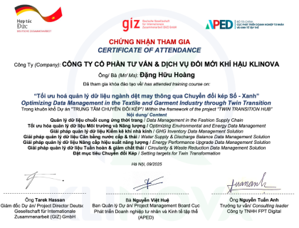 Certificate of Participation Optimizing Data Management in the Textile and Garment Industry through Twin Transition for KLINOVA's Staffs